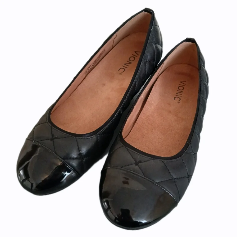 Vionic 8.5 Desiree Black Patent Quilted Ballet Flats comfort Shoes round toe - Picture 1 of 10